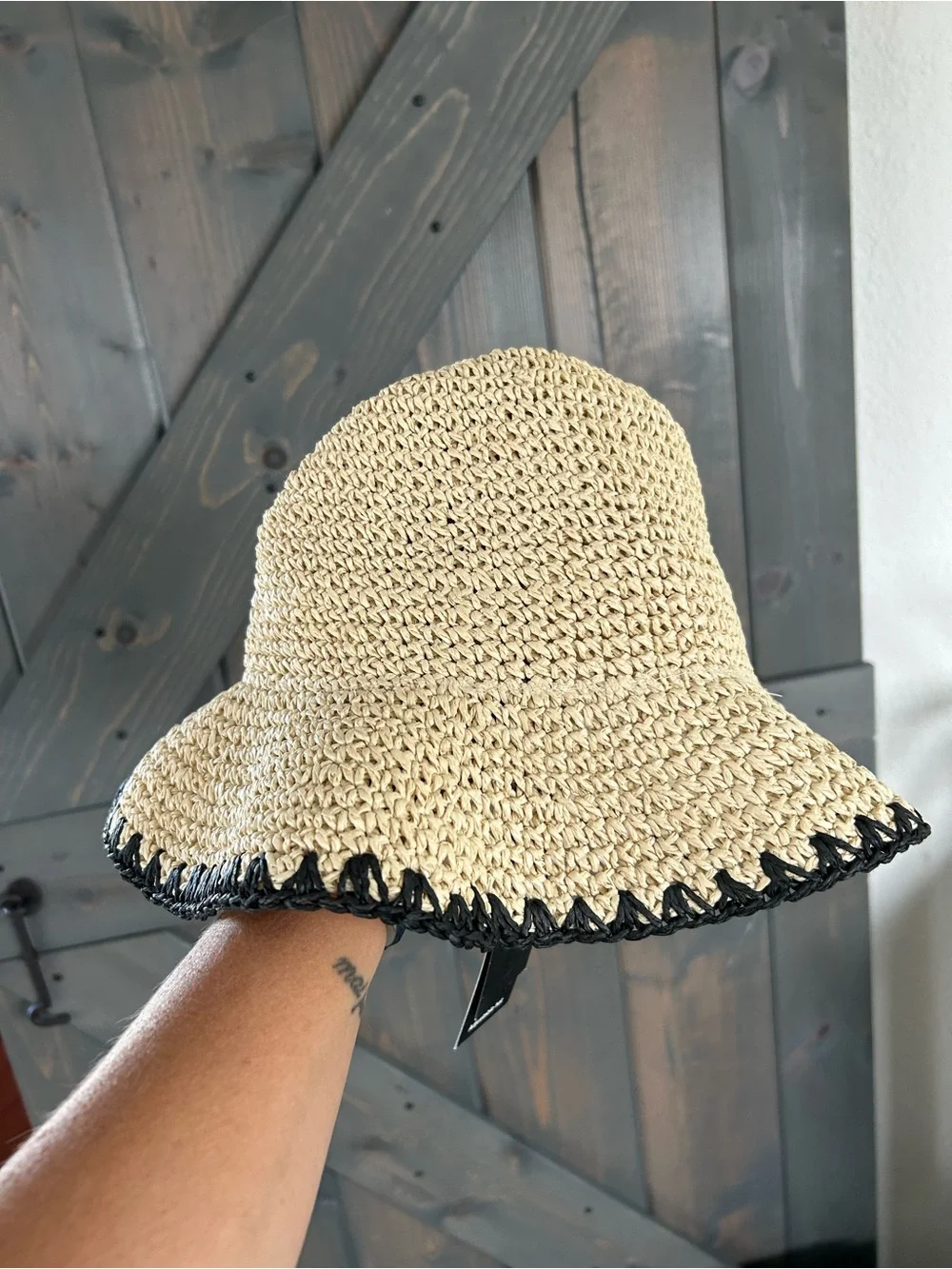 INC International Concepts Cream Straw Bucket Hat with Black Trim
